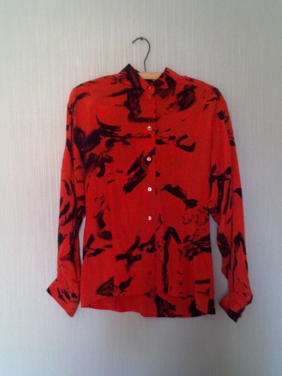 1980's Silk Escada Blouse Orange and Black Graphi