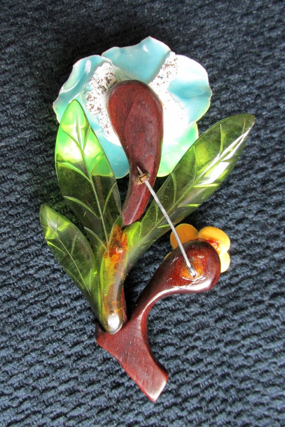 Elzac Brooch 1940s Ceramic Flowers Wood Stem Luci… - image 3