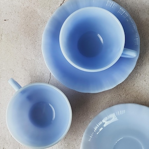 Teacups & Saucers| Delphite Blue VINTAGE PYREX | Canadian depression blue milk glass, pie crust