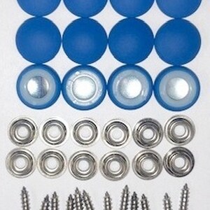 May include: A set of 12 blue plastic snap buttons with 12 silver metal snaps and 12 silver screws. The snap buttons are designed to be used for attaching fabric or other materials together.