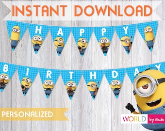 May include: A printable banner with a blue background and white polka dots. The banner says "Happy Birthday" with a Minion character on each flag. The banner is personalized and says "World by Gabi".