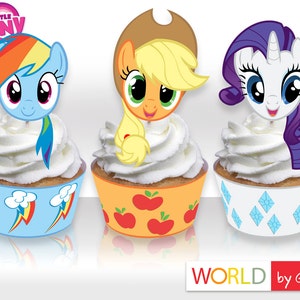 Op de afbeelding: Drie My Little Pony cupcake-toppers met Rainbow Dash, Applejack en Rarity. Elke topper is gedrukt op een witte achtergrond en heeft een kleurrijk ontwerp. De toppers zijn perfect om een vleugje My Little Pony-magie toe te voegen aan je volgende feestje.