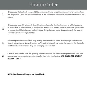 May include: A white background with the title "How to Order" at the top. The text explains the hat ordering process, covering colour selection, quantity discounts, personalisation, and mockups. The text is in black.