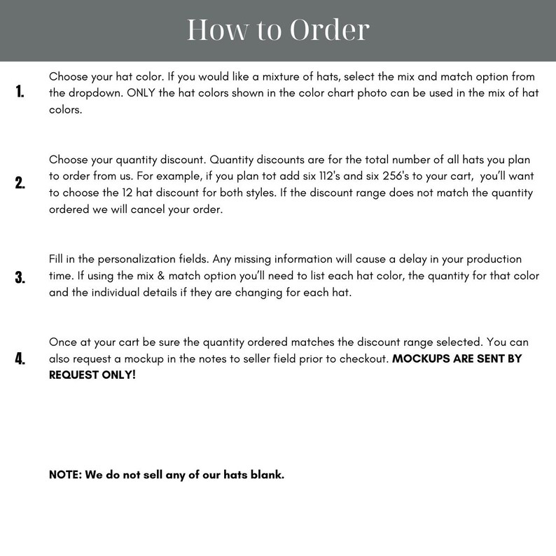 May include: A white background with the title "How to Order" at the top. The text explains the hat ordering process, covering colour selection, quantity discounts, personalisation, and mockups. The text is in black.