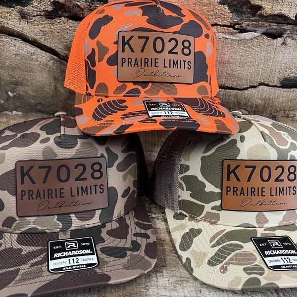 Richardson 112PFP Camo Five Panel Trucker with Custom Vegan Leather Patch | Bulk Hats | Custom Logo Hats | Engraved or Full Color Patch