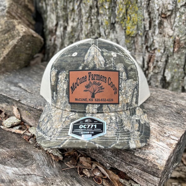 Outdoor Cap OC771 Camo Mesh Back Trucker Hat with Custom Vegan Leather Patch | Bulk Hats | Custom Logo Hats | Leather Patch Hat