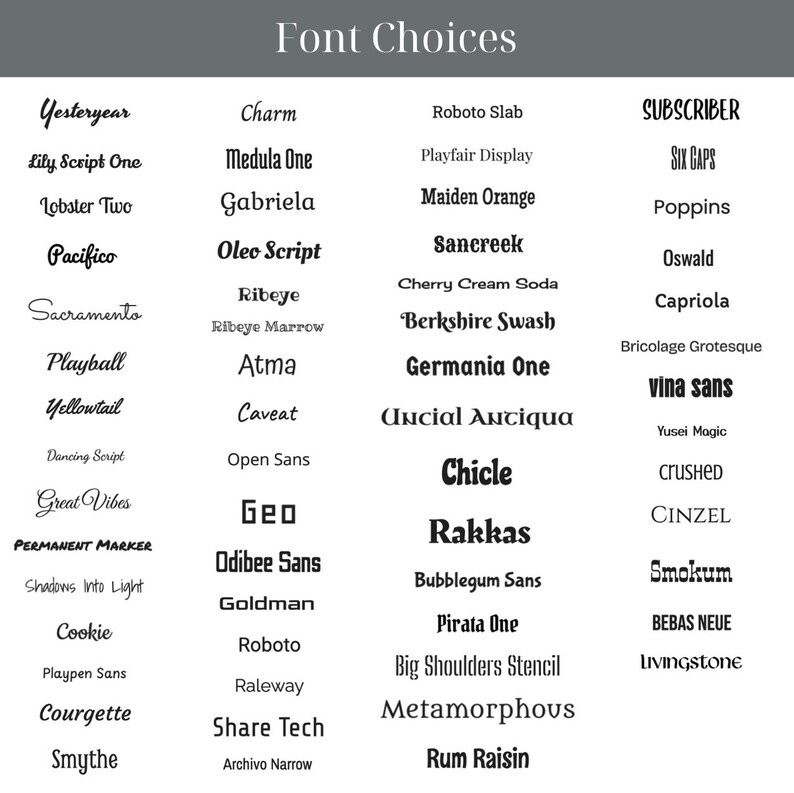 May include: An image showcasing a selection of fonts. The title "Font Choices" is at the top. Various font styles are presented, such as "Yesteryear," "Charm," and "Roboto Slab," each in its unique design. The fonts differ in style and weight.