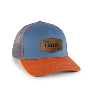 Outdoor Cap OC571 5 panel Trucker with Custom Vegan Leather Patch | Bulk Hats | Custom Logo Hats | Engraved or Full Color Patch