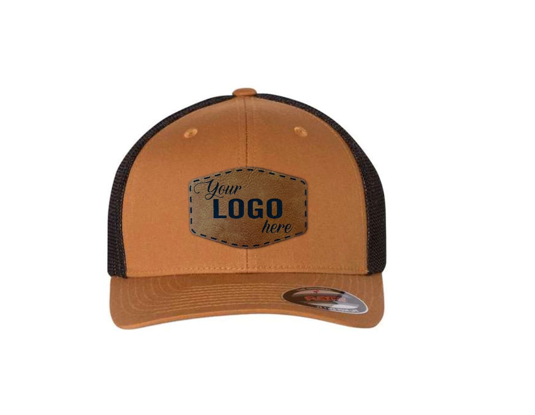 Ford Racing Side Logo Trucker Cap - Laser Engraved Leather Patch, Flexfit 6511 Mesh Hat, Black, One Size Fits Most