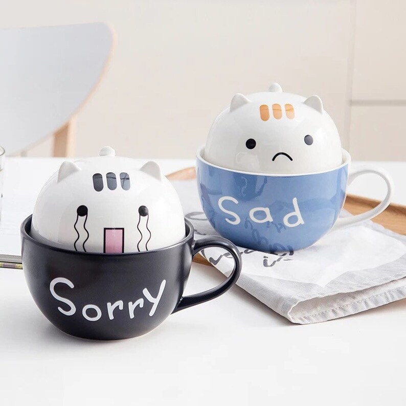 Kawaii Cat Pattern Ceramic Instant Ramen Bowl With Lid Cute Etsy