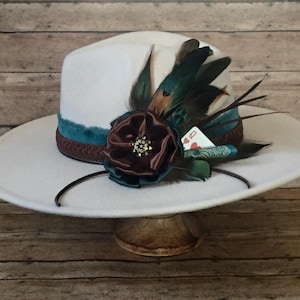 Teal & Black Wide-Brim Decorative Hat Handcrafted Teal Blue Suede Wide Brim Fedora Hat – Freehand  main image 3