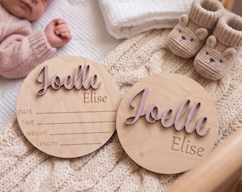 Custom Baby Girl Name Sign with Birth Stats, 3D Wooden Announcement Plaque for Newborn, Hospital Photo Prop, Nursery Decor