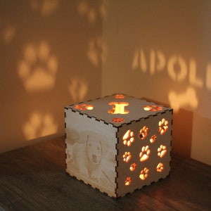 May include: A wooden cube night light with a paw print design and a photo of a dog. The light casts shadows of paw prints and the name "Apollo" on the wall.