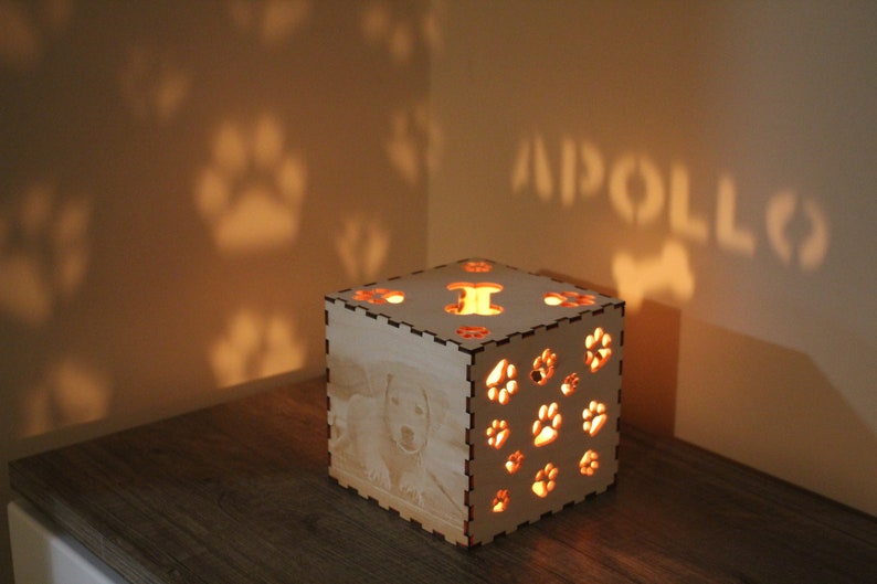 May include: A wooden cube night light with a paw print design and a photo of a dog. The light casts shadows of paw prints and the name "Apollo" on the wall.