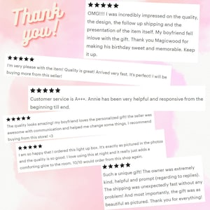 May include: A collection of positive customer reviews for a personalized gift shop. The reviews highlight the quality of the products, the excellent customer service, and the fast shipping. The reviews also mention that the gifts are unique and beautiful.