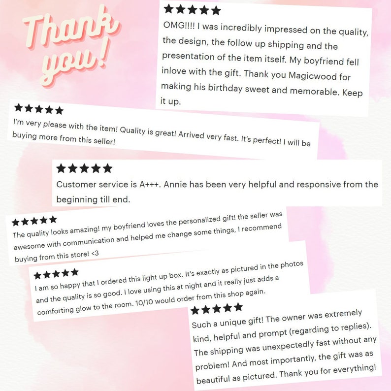May include: A collection of positive customer reviews for a personalized gift shop. The reviews highlight the quality of the products, the excellent customer service, and the fast shipping. The reviews also mention that the gifts are unique and beautiful.