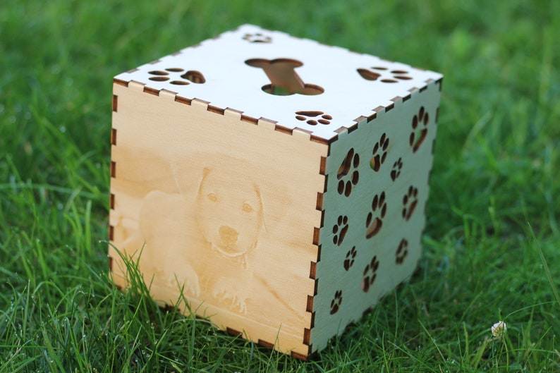 May include: A wooden box with a dog paw print design. The box has a cutout of a bone on the top and a photo of a dog on the front. The box is sitting on a bed of green grass.