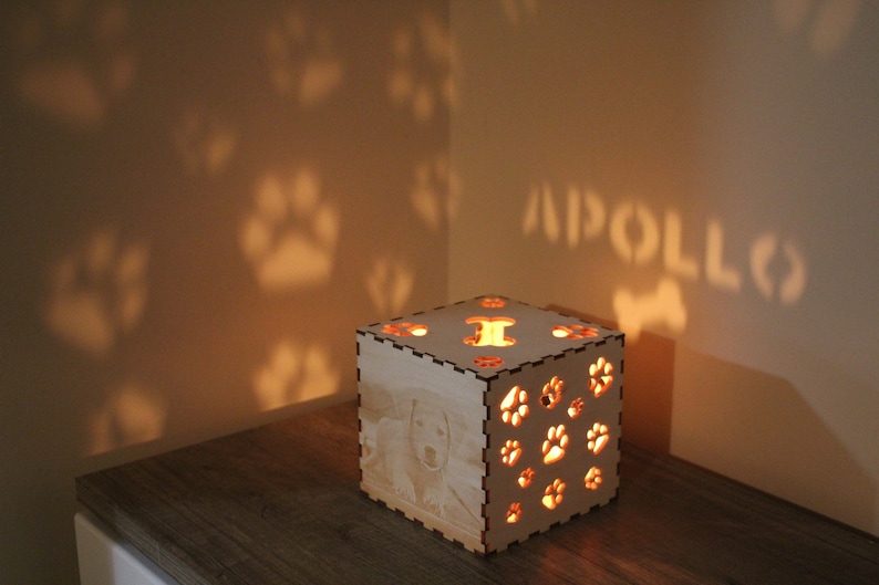 May include: A wooden box with a photo of a dog and paw prints cut out. The box is lit from inside, casting shadows of paw prints and the name "APOLLO" on the wall.