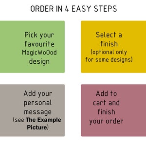 Op de afbeelding: Vier stappen om een ​​aangepast ontwerp te bestellen. Stap 1: Kies je favoriete MagicWood-ontwerp. Stap 2: Selecteer een afwerking (optioneel voor sommige ontwerpen). Stap 3: Voeg je persoonlijke bericht toe (zie het voorbeeldbeeld). Stap 4: Voeg toe aan winkelwagen en voltooi je bestelling.