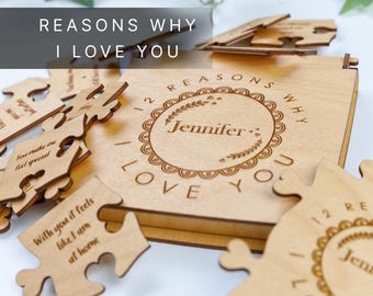 Personalized Reasons Why I Love You Puzzle, Unique Engraved Birch Wood Gift for Couple