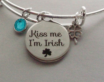 Kiss Me I'm IRISH Charm Bangle W/  Birthstone & a 4 Leaf Cover / Bangles / Irish Charm Bracelets Under Twenty / Gift For Her Usa  IR1