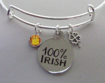 100% IRISH CHARM  W/  Birthstone & a 4 Leaf Cover / Bangles / Irish Charm Bracelets Under Twenty / Gift For Her Usa IR1