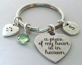 Lost Of A Pet - A Piece Of My Heart Silver Charm KEY Ring W/ Birthstone /  Initial   Personalize  Memorial is  His Or Hers Gift   K1