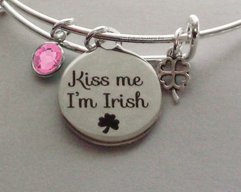 Kiss Me I'm IRISH Charm Bangle W/  Birthstone & a 4 Leaf Cover / Bangles / Irish Charm Bracelets Under Twenty / Gift For Her Usa  IR1