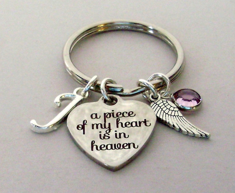 Memorial is Or Hers Gift K1 A Piece Of My Heart Silver Charm KEY RING W Birthstone INITIAL Wing Personalize Mom Dad Aunt Child