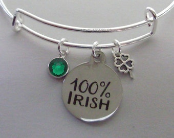 100% IRISH CHARM  W/  Birthstone & a 4 Leaf Cover / Bangles / Irish Charm Bracelets Under Twenty / Gift For Her Usa IR1