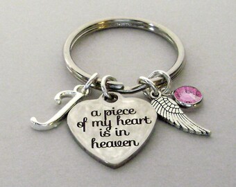 A Piece Of My Heart Silver Charm KEY RING W/ Birthstone / INITIAL / Wing  Personalize   Mom Dad Aunt Child - Memorial is Or Hers Gift   K1