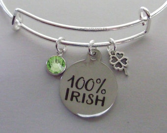 100% IRISH CHARM  W/  Birthstone & a 4 Leaf Cover / Bangles / Irish Charm Bracelets Under Twenty / Gift For Her Usa IR1