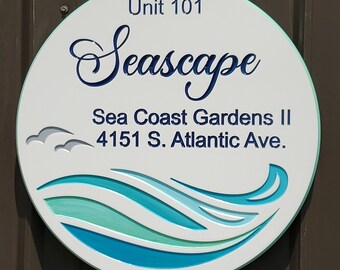 Round Sign Ocean Waves Beach House Signs Carved PVC Outdoor Personalized Last Name Address Sign
