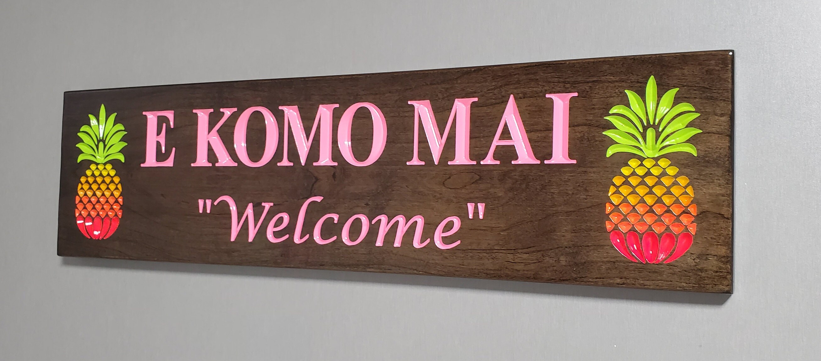 Coastal Pink E Komo Mai Wood Aloha Hawaiian Welcome Sign | Etsy