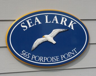Ocean Beach House Name Signs, Coastal Address Seagull Sign, Carved PVC Outdoor Custom Sign