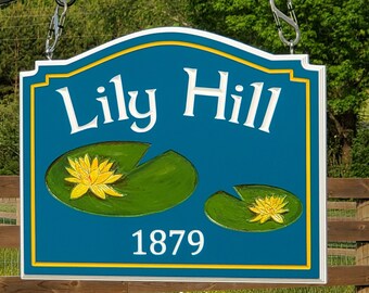Lily Pad Lotus Address Sign, Personalized Hanging Driveway Sign, Carved All Weather PVC