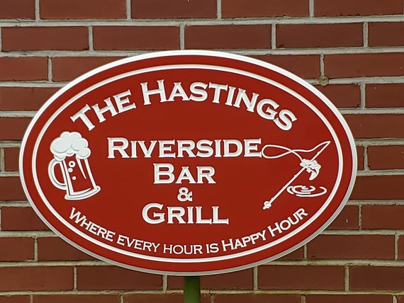 Personalized Riverside Bar Grill Sign Fishing Cottage Signs Etsy