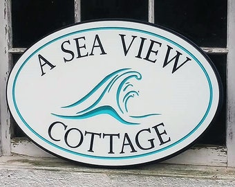 Outdoor PVC Ocean Waves Beach House Sign, Seaside Cottage Name Signs, Green Cottage Designs