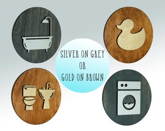 Wood Bathroom Door Sign: Playful Laundry & Bath Decor