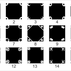 K&ouml;nnte beinhalten: Ein Satz von 15 schwarzen und wei&szlig;en quadratischen Bildern mit verschiedenen Mustern in den Ecken. Die Muster umfassen Sterne, Herzen, Blumen, Kronen, Basketb&auml;lle, Fu&szlig;b&auml;lle, Fu&szlig;b&auml;lle, Flugzeuge und &Auml;pfel.
