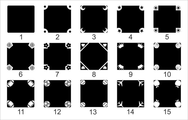 K&ouml;nnte beinhalten: Ein Satz von 15 schwarzen und wei&szlig;en quadratischen Bildern mit verschiedenen Mustern in den Ecken. Die Muster umfassen Sterne, Herzen, Blumen, Kronen, Basketb&auml;lle, Fu&szlig;b&auml;lle, Fu&szlig;b&auml;lle, Flugzeuge und &Auml;pfel.