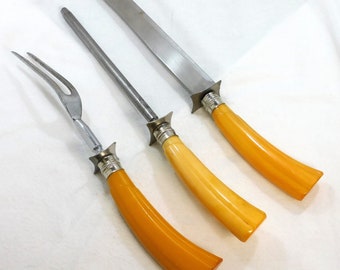 Vintage Three Piece Carving Set Stainless Steel & Bakelite Handles