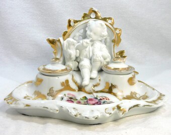Antique Porcelain Inkwell Boy Sitting with Dog 1800's