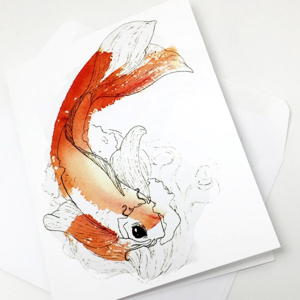 Koi Fish Note Cards With Envelopes, Blank Watercolor Fish Greeting Cards, Koi Painting Stationery Blank Interior, Ocean Note Cards Blank