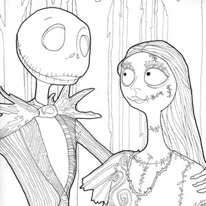 DIGITAL DOWNLOAD Jack and Sally Halloween Coloring Page, Downloadable Halloween Coloring For Adults, Jack Skellington Themed Coloring Page image 1