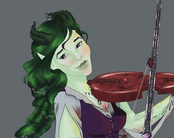 May include: A digital illustration of a green-skinned character with long green hair, horns, and a tail. The character wears a purple corset, white blouse, and black leggings, while holding a dark red violin and a long, ornate silver sword.