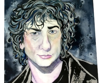 Neil Gaiman Watercolor Pencil And Ink Portrait Artist Print 8.5x11, Famous Fantasy Author Neil Gaiman Watercolor Print in Plastic Sleeve