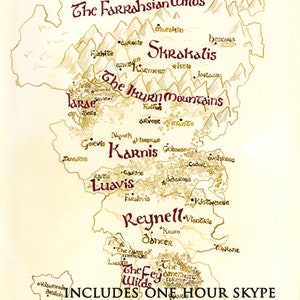 May include: A hand-drawn fantasy map with a beige background and brown mountains. The map is titled "Custom Fantasy Map Built to Your Specifications". The map features a variety of locations, including "The Farrahsian Wilds", "Skrakalis", "The Ikurn Mountains", "Karnis", "Luavis", and "Reynell". The map also includes the text "Includes One Hour Skype Conversation to Go Over All the Specifics of Your World or City!"