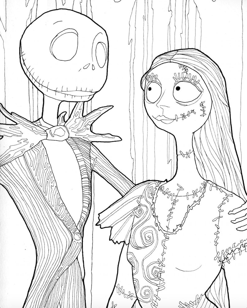 DIGITAL DOWNLOAD Jack and Sally Halloween Coloring Page, Downloadable Halloween Coloring For Adults, Jack Skellington Themed Coloring Page image 1