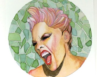 P!nk Rocking Out Artist Print, Watercolor and Ink Pink Painting Prints, P!nk Musician Art Print, Artist Pink Singer Watercolor Pencil Art